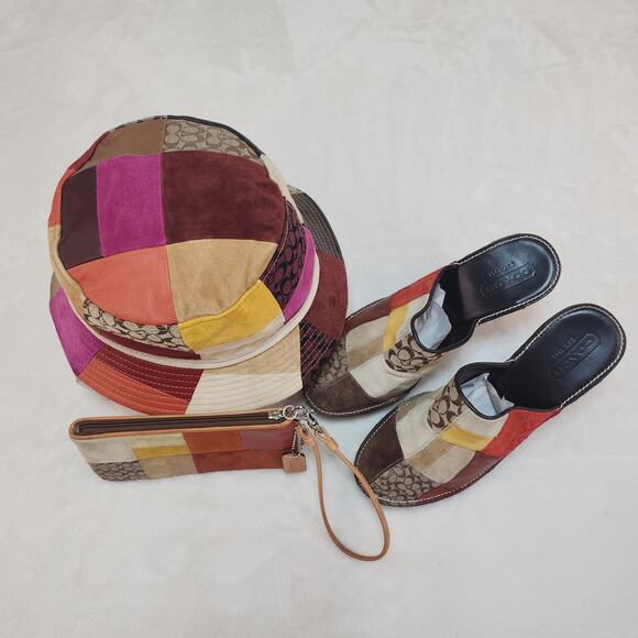 Vintage Y2k Coach Patchwork Set Shoes 8 Mules Heels Bucket Hat Wallet Wristlet - Picture 2 of 14